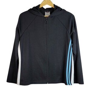 Jerzees Mens Activewear Jacket Black Large Full Zip Hood Long Sleeve Blue Stripe
